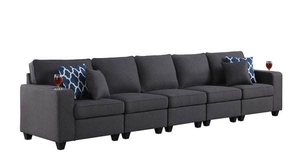 English Elm Cooper Modular Sectional Sofa Slate Linen Pocket Coil Seating with Built-in Cupholders B061S00417