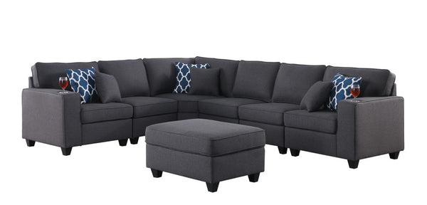 English Elm Cooper Seven Piece Reversible Linen Sectional with Built in Cupholders and Ottoman B061S00424