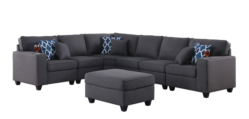 English Elm Cooper Modular Linen Sectional Sofa with Ottoman Cupholders for Large Living Rooms B061S00422