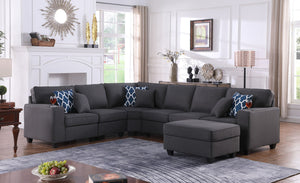 English Elm Cooper Modular Linen Sectional Sofa with Ottoman Cupholders and Reversible Chaise Seating B061S00423