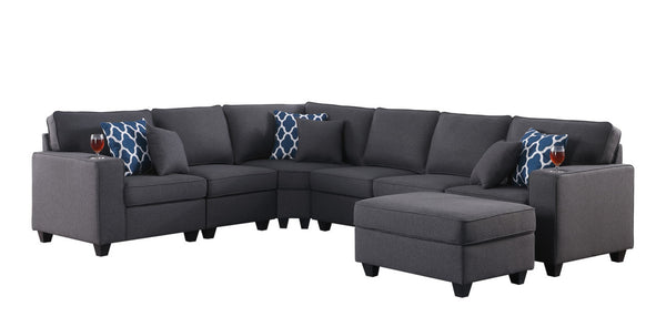 English Elm Cooper Modular Linen Sectional Sofa with Ottoman Cupholders and Reversible Chaise Seating B061S00423
