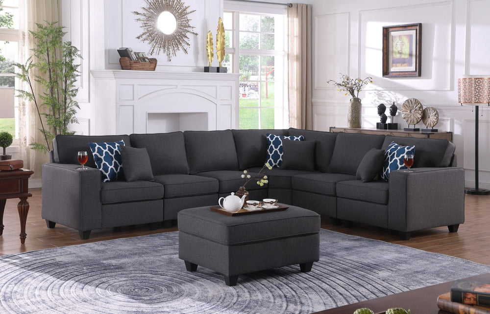 English Elm Cooper Seven Piece Reversible Linen Sectional with Built in Cupholders and Ottoman B061S00424