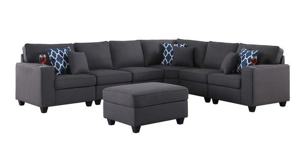 English Elm Cooper Seven Piece Reversible Linen Sectional with Built in Cupholders and Ottoman B061S00424