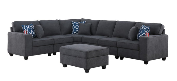 English Elm Cooper Woven Fabric Reversible Sectional with Ottoman Cupholders and Six Throw Pillows B061S00455