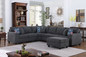 English Elm Cooper Woven Fabric Reversible Sectional with Ottoman Cupholders and Six Throw Pillows B061S00455