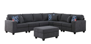 English Elm Cooper Woven Fabric Reversible Sectional with Ottoman Cupholders and Six Throw Pillows B061S00455