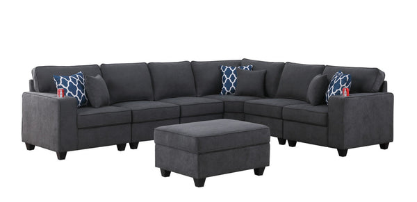 English Elm Cooper Woven Fabric Reversible Sectional with Ottoman Cupholders and Six Throw Pillows B061S00455