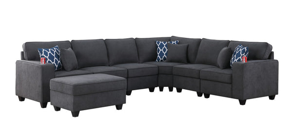 English Elm Cooper Woven Fabric Reversible Sectional with Ottoman Cupholders and Six Throw Pillows B061S00455