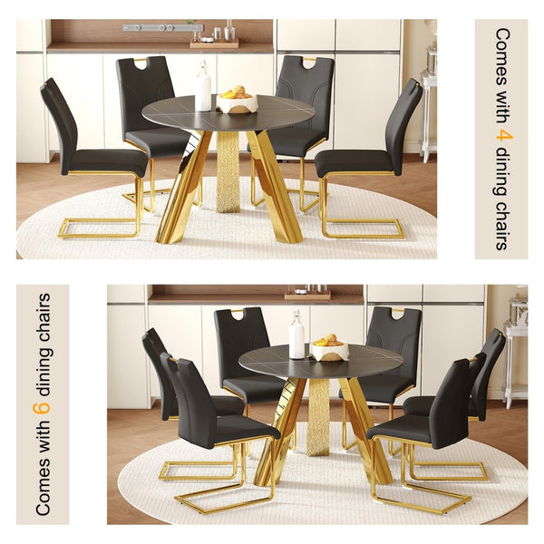 English Elm Table Set - Luxurious 42-Inch Round Dining Table With 4 Black Chairs And Golden Metal Legs For Modern Homes W2920S00043-GIGA