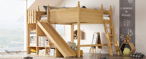 English Elm Queen Loft Bed With Detachable Slide, Storage Shelves & Cabinet - Solid Wood For Fun & Space Savvy! W1580S00250-GIGA