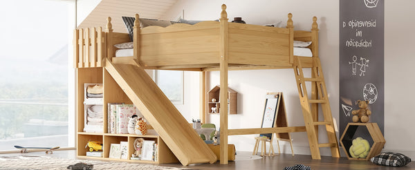 English Elm Queen Loft Bed With Detachable Slide, Storage Shelves & Cabinet - Solid Wood For Fun & Space Savvy! W1580S00250-GIGA