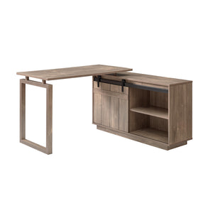 English Elm Desk L-Shaped Workstation With Storage Credenza & Sliding Barn Door – Modern Hazelnut Finish Design B107S00003