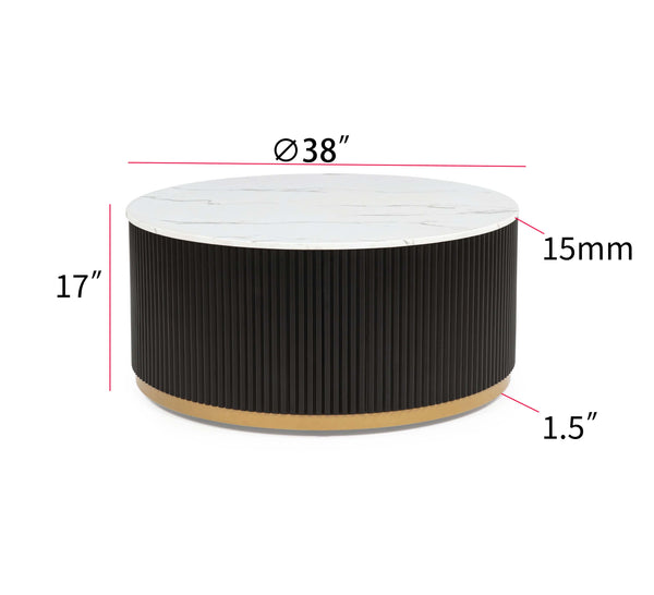 English Elm 1pc Marble-Inspired Coffee Table 38"RD x17"H — Modern Luxurious Reeded Base, Gold-Finish Casters B011P369366