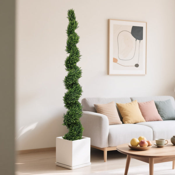English Elm 7ft Spiral Cypress Faux Tree Potted Dual Tone Foliage for Entryway Patio Decor W2945P379249