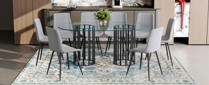 English Elm Table and Chair Set Oval Tempered Glass Top with 8 Linen Seats Light Luxury Dining W1151S04754