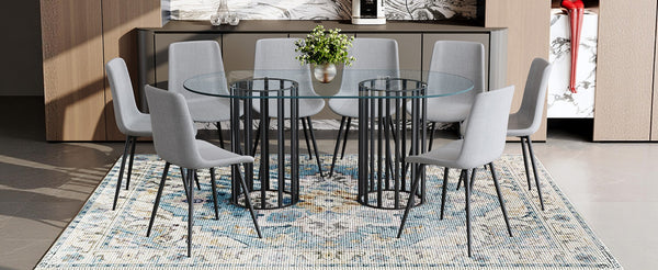 English Elm Table and Chair Set Oval Tempered Glass Top with 8 Linen Seats Light Luxury Dining W1151S04754
