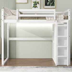 English Elm Wood Full Size Loft Bed with Built-in Wardrobe, 4-Tier Storage Shelves, LED Light, Pine MDF Durable White GX000463AAK