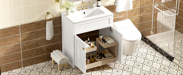 English Elm 30'' Bathroom Vanity With Ceramic Sink Combo - Modern Freestanding Cabinet, Gold Handles & Soft-Close Doors N710P194898K