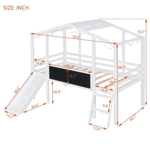 English Elm Twin House Loft Bed with Slide Chalkboard Panel and Led Roofline for Kids White WF324323AAK