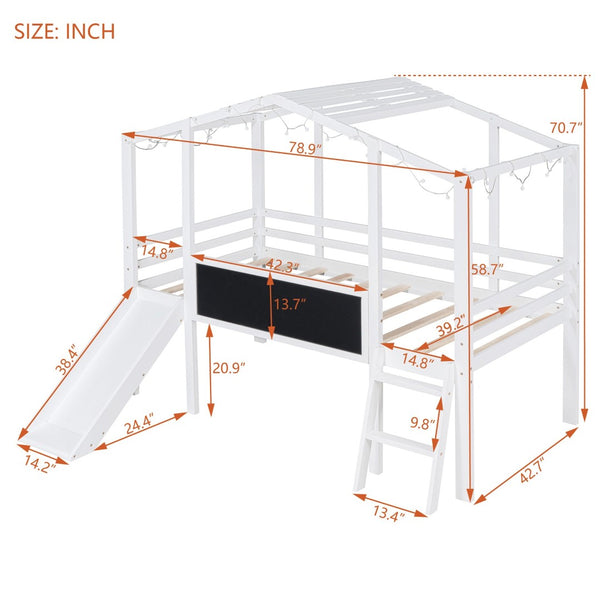 English Elm Twin House Loft Bed with Slide Chalkboard Panel and Led Roofline for Kids White WF324323AAK