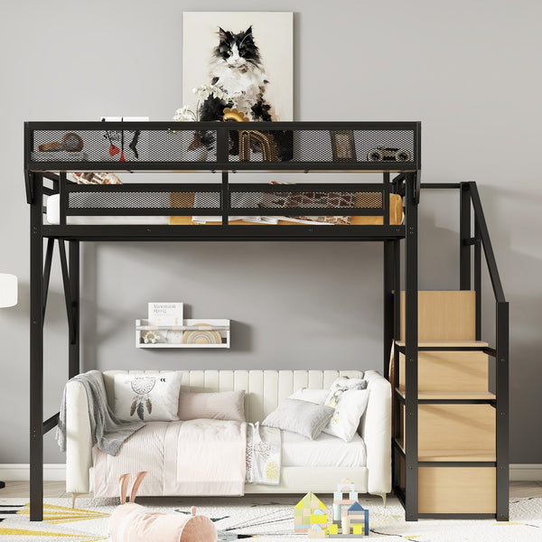 English Elm Full Size Loft Bed With Stairs & Storage Shelves - Stylish Metal Bed For Kids & Teens, Black Finish W2580S00029