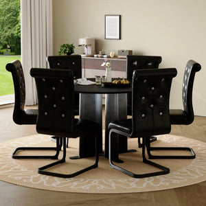 English Elm Modern Round Pedestal Dining Set Six Tufted Pvc Chairs Black Wood Grain Mdf Top W3875S00079