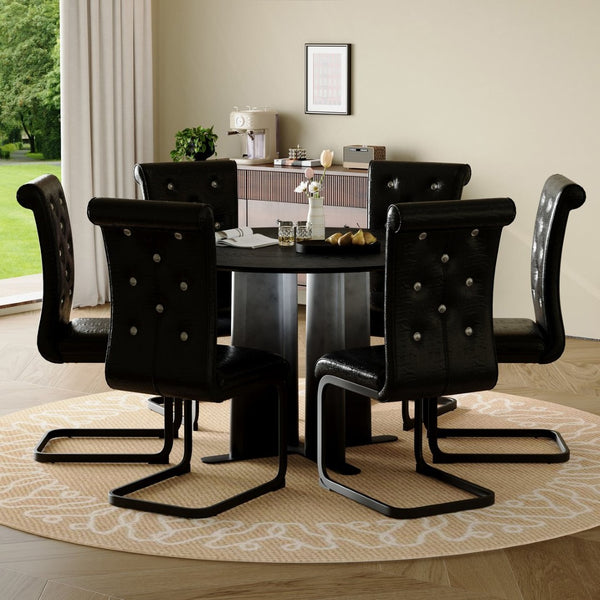 English Elm Modern Round Pedestal Dining Set Six Tufted Pvc Chairs Black Wood Grain Mdf Top W3875S00079