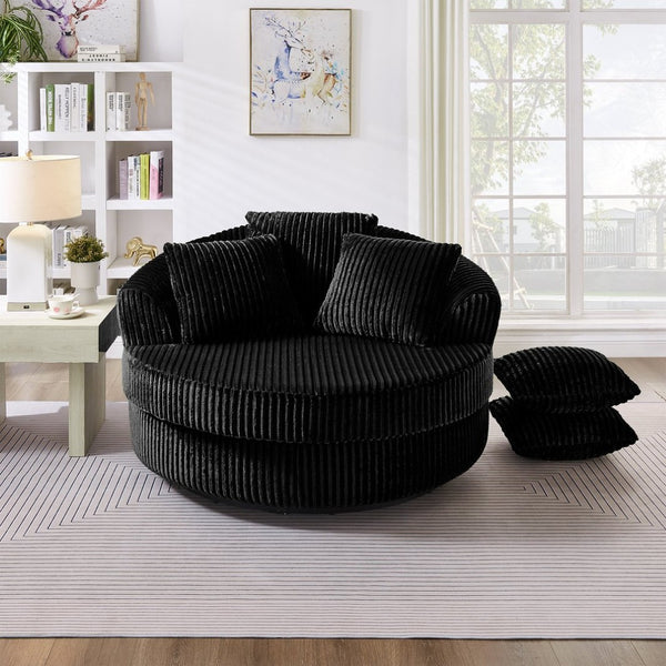 English Elm 360° 360 Swivel Round Lounge Chair Corduroy Upholstered Sculptural Seat with Removable Pillows Black W3705S00036