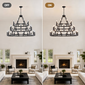 English Elm 39.37 Inch Three Tier Wagon Wheel Chandelier 36 Light Black Metal for High Ceilings W5008P392646