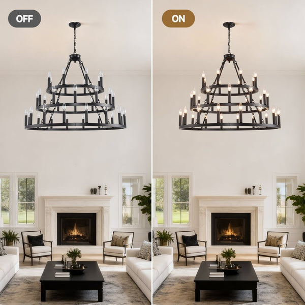 English Elm 39.37 Inch Three Tier Wagon Wheel Chandelier 36 Light Black Metal for High Ceilings W5008P392646