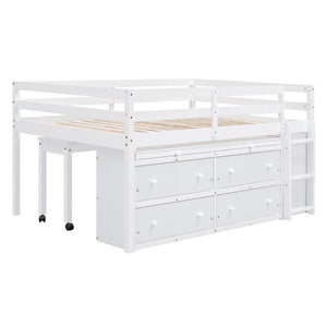 English Elm Full Size Kids Loft Bed Pinewood Frame Dual Study Desks Drawers and Open Shelving White LT000369AAK