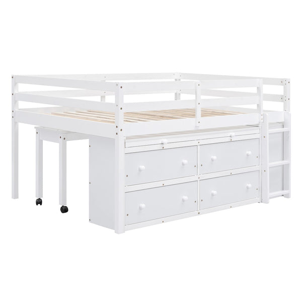 English Elm Full Size Kids Loft Bed Pinewood Frame Dual Study Desks Drawers and Open Shelving White LT000369AAK