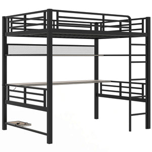 English Elm Full Size Metal Loft Bed Frame with Desk, LED Lights, Storage Shelves & Guardrails for Gamers DL002208AAB