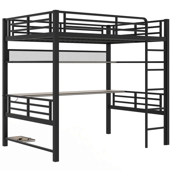 English Elm Full Size Metal Loft Bed Frame with Desk, LED Lights, Storage Shelves & Guardrails for Gamers DL002208AAB