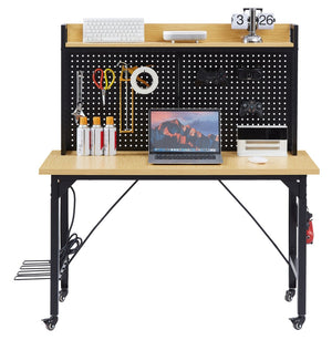 English Elm 48''adjustable Rolling Workbench Steel Frame Pegboard Outlets Garage Workshop W1162P223029
