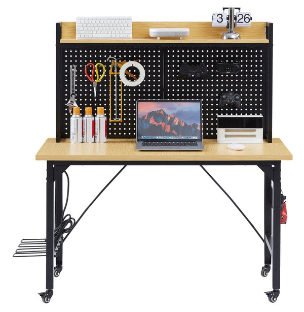 English Elm 48''adjustable Rolling Workbench Steel Frame Pegboard Outlets Garage Workshop W1162P223029