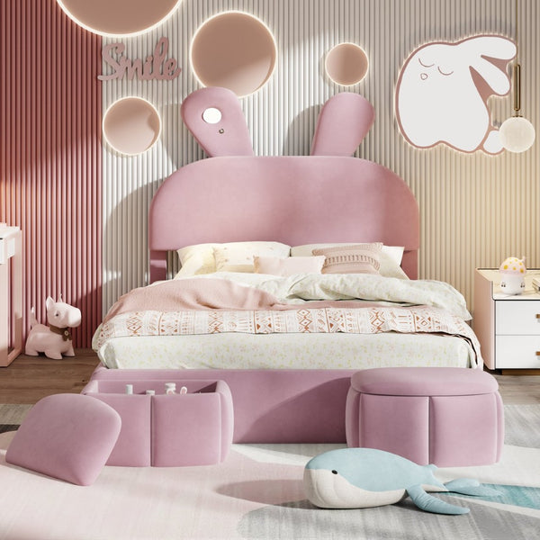 English Elm Full Pink Velvet Platform Bed Cartoon Ear Headboard Led Light Storage Stools N709P195300H-1