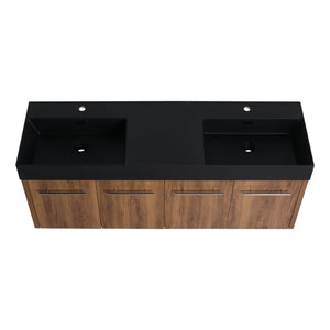 English Elm 60 Inch Wall-Mounted Bathroom Vanity With Double Black Resin Sink For Modern Elegance & Functionality W999S00251