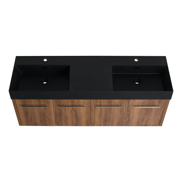 English Elm 60 Inch Wall-Mounted Bathroom Vanity With Double Black Resin Sink For Modern Elegance & Functionality W999S00251