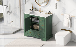 English Elm 36" Modern Bathroom Vanity with Ceramic Sink, Six Drawers, Adjustable Shelf, Solid Wood Build Green SY999808AAF-6