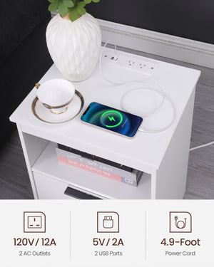 English Elm Nightstand with Drawer | 3-Tier Modern Bedside Table with Hidden Drawer, Open Shelves, Sturdy Build White 25.9 L x 16.7 W x 5.5 H W3151P345813