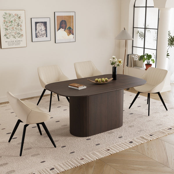 English Elm 63" Mid-Century Modern Brown Mdf Dining Table & 4 Beige Pu Chairs With Black Metal Legs Set W2189S00689