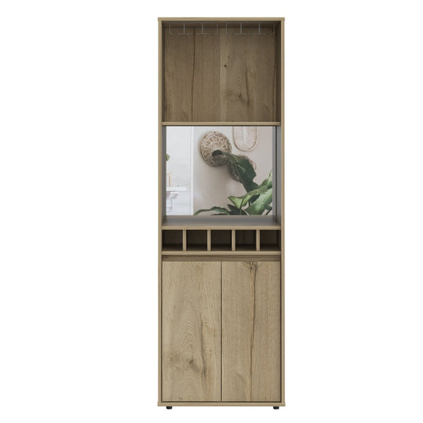 English Elm Redding Floor Bar Cabinet with Wine Cubbies Glass Rack and Open Display Shelves B128S00156