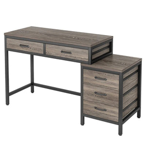 English Elm Office Writing Desk with 5 Drawers Industrial Wood and Black Metal Frame T3971P450665