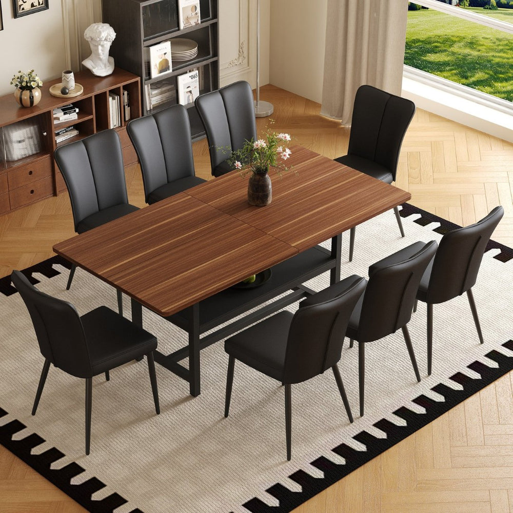 English Elm Table Set: Modern Walnut Grain Dining Table With 8 Black Pu Chairs For Stylish Comfort & Storage W1151S04287-GIGA