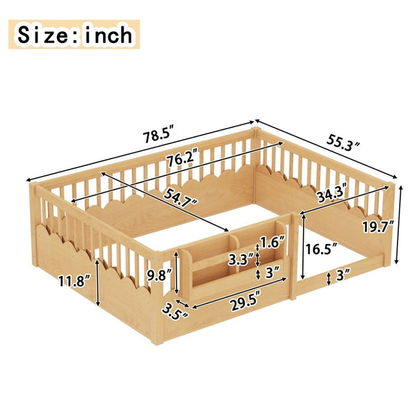 English Elm Twin Low Profile Kids Floor Bed Pine Wood Frame with Safety Rail and Built in Bookshelf Natural W1580P373141