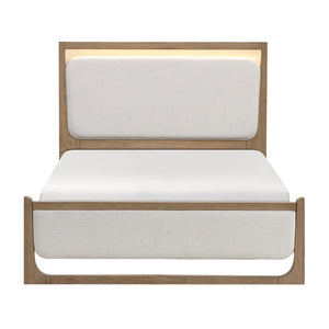 English Elm 1pc Modern Upholstered Queen Bed with Hickory Veneer, Touch LED Headboard, Plush Contemporary Design Light Brown 67.5 L x 39.5 W x 5.5 H B011S01821