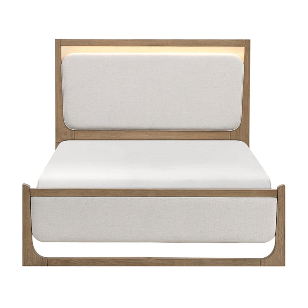 English Elm 1pc Modern Upholstered Queen Bed with Hickory Veneer, Touch LED Headboard, Plush Contemporary Design Light Brown 67.5 L x 39.5 W x 5.5 H B011S01821