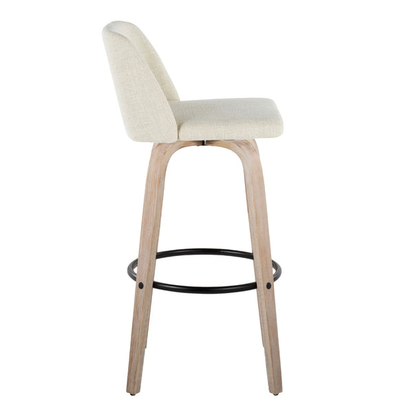 English Elm Fixed-height Barstools Whitewashed Bent Wood Cream Upholstered Seat Black Footrest Pair B202S00666