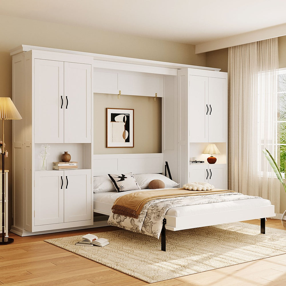 English Elm Full-size Murphy Wall Bed with Sliding Cabinets and Twelve Open Shelves for Studios White LP000919AAK